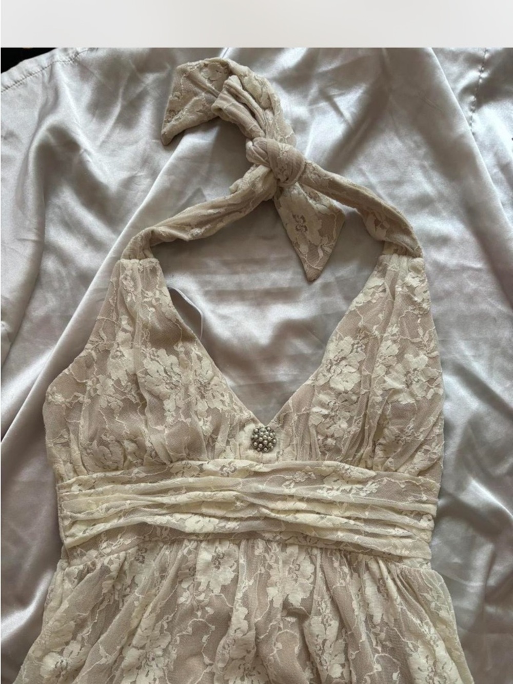 City Triangles Cream Lace One-Shoulder Halter Dress with Pearl Detail
